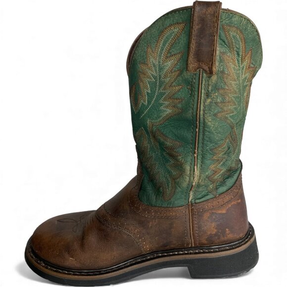 Justin Leather Western Cowboy Green Brown Boots Men's 7.5 D - Picture 5 of 13